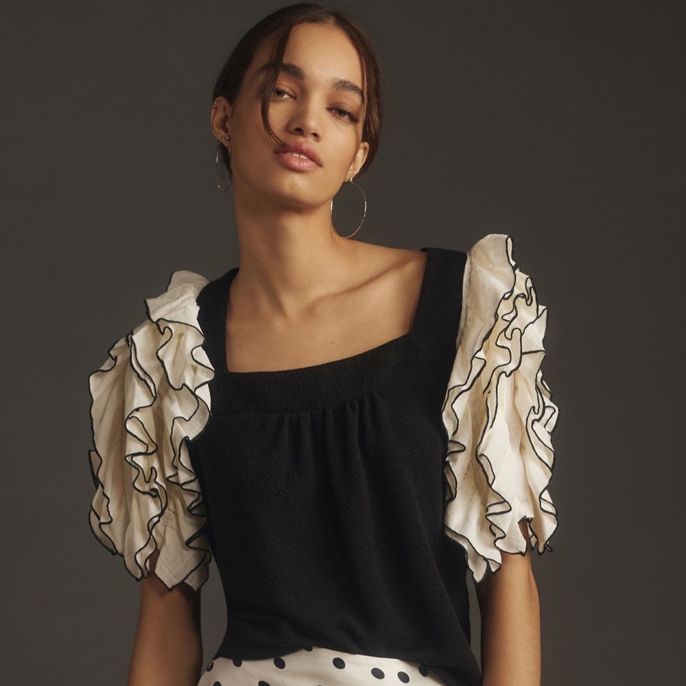 Anthropologie Sunday in Brooklyn Square-Neck Ruffle-Sleeve Babydoll Top in Small